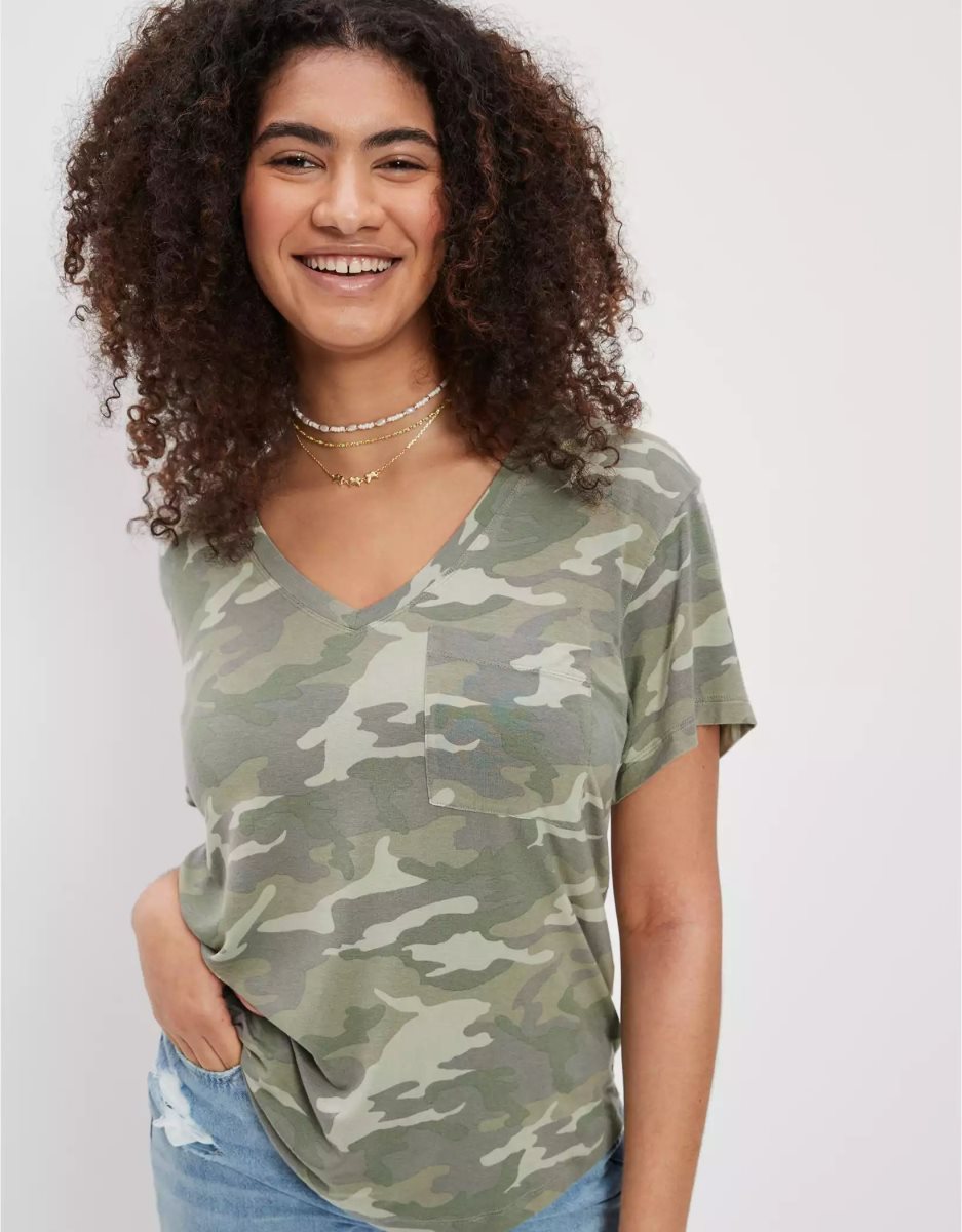 T Shirts American Eagle AE Soft & Sexy V-Neck Pocket Tee Camouflage Vert Femme | VJS-76949058